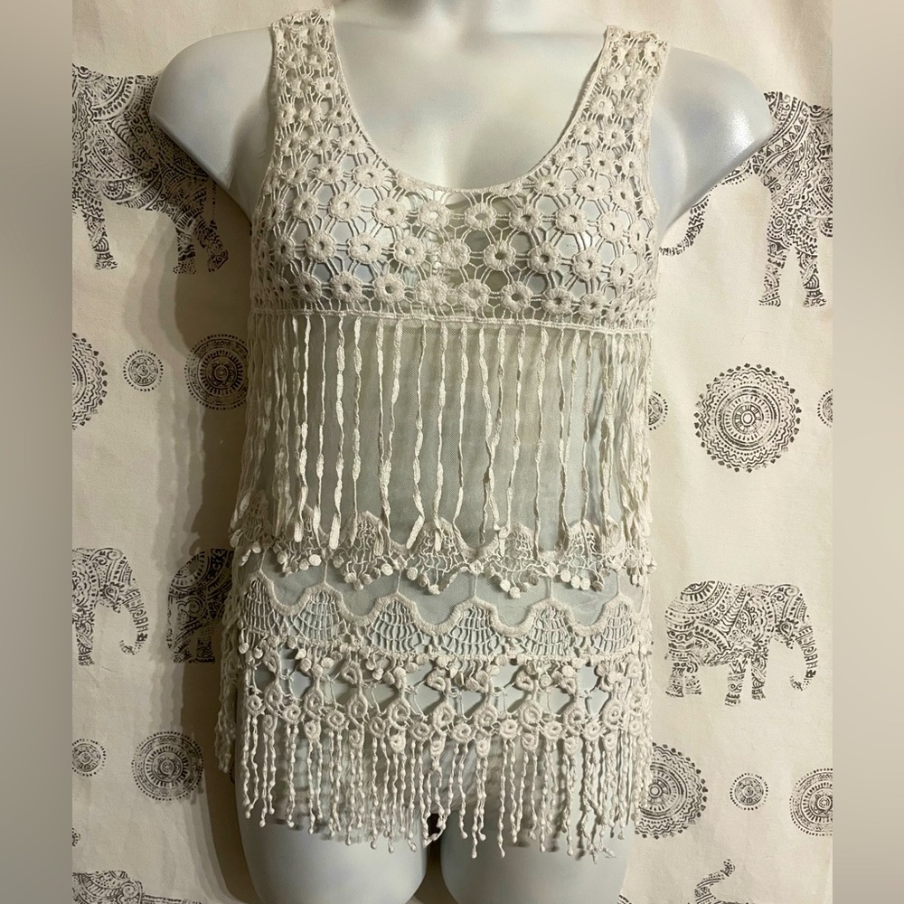 Women’s small/medium (Vintage?) Say What? mesh lace & crochet hippie boho white